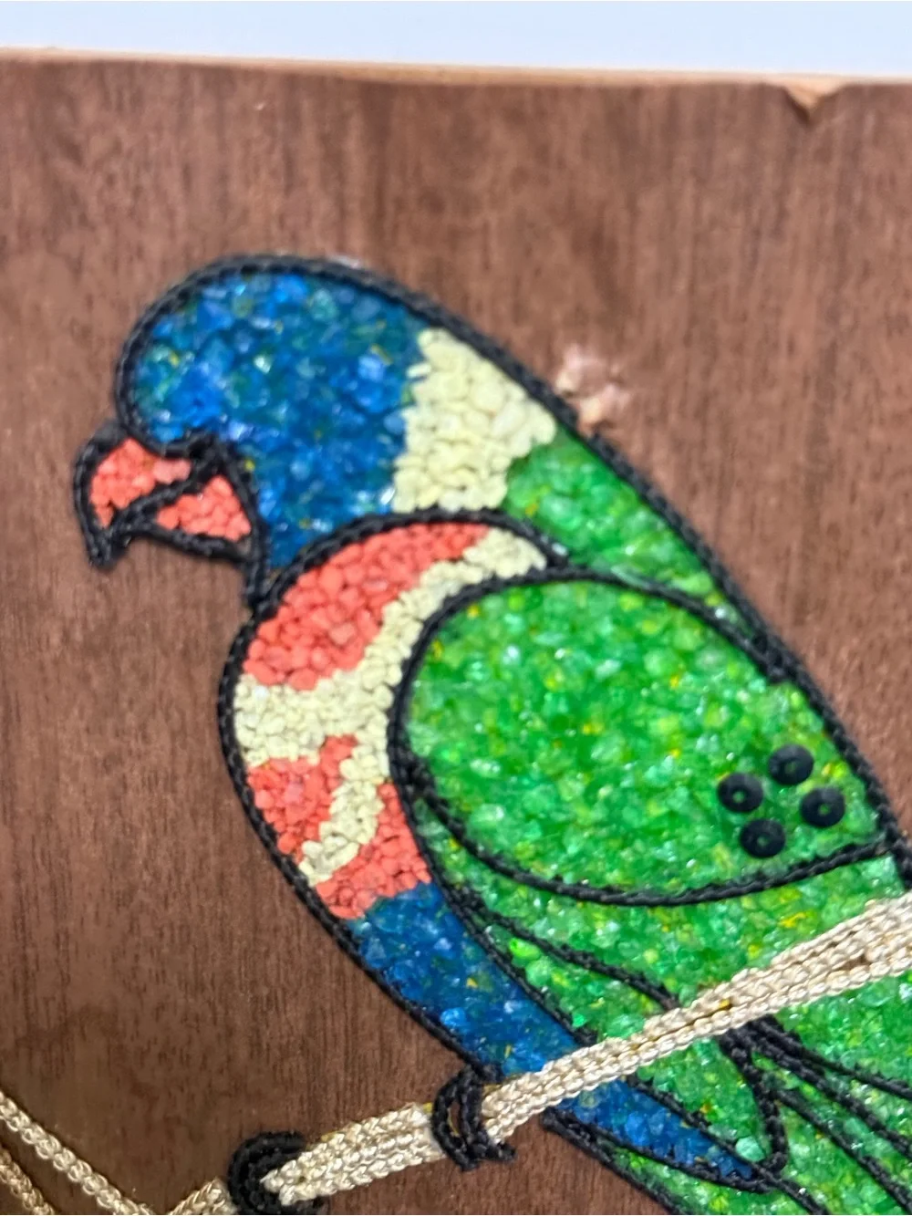 Vintage Mid-Century Modern gravel art panels depicting colorful parrots